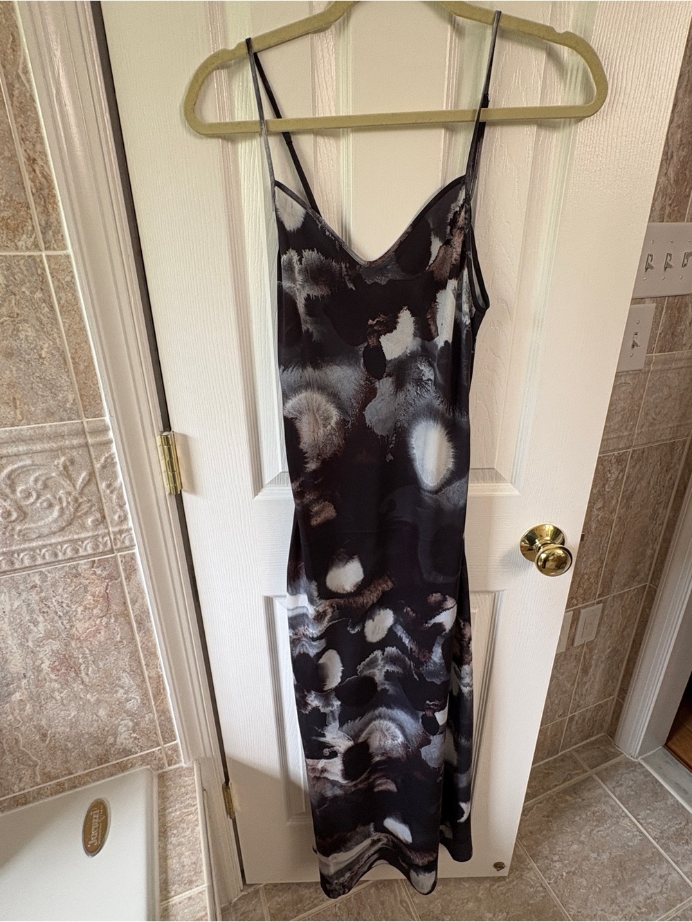 AllSaints Black Satin Maxi Slip Dress with Gray & Cream Abstract Print